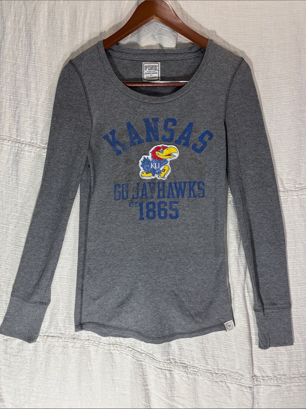 PINK Victoria's Secret Kansas Jayhawks Thermal Long Sleeve Shirt Size L - Picture 1 of 10